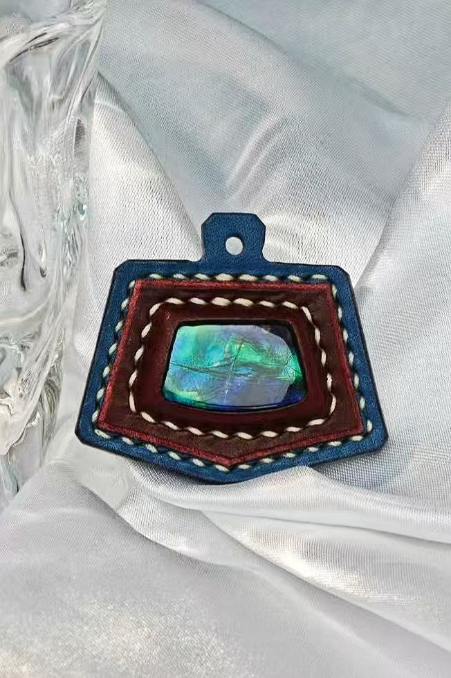 Handcrafted Quadrilateral Italian Buttero Colored Top Layer Vegetable Tanned Leather Ammolite Accessories