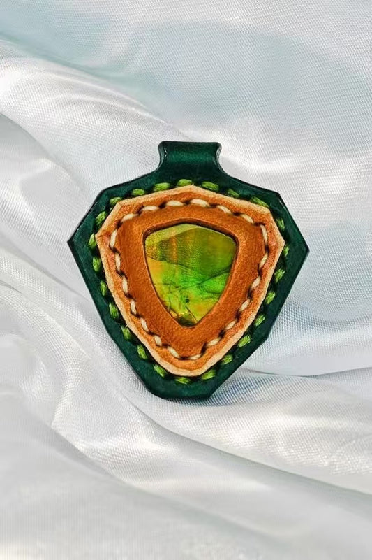 Handmade Italian Buttero Colored Top Layer Vegetable Tanned Leather Inverted Triangle Ammolite Pendant