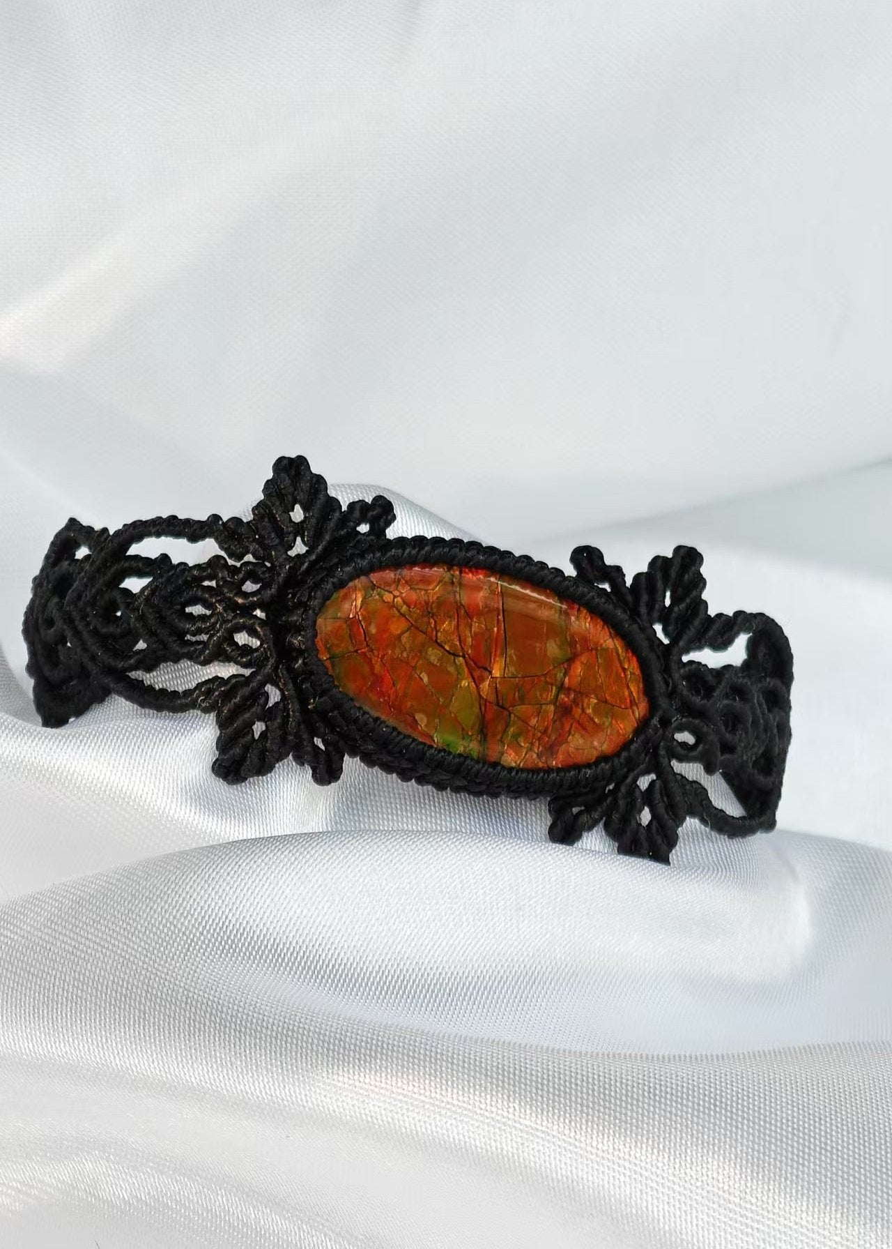 Handmade Black Braided Cord Red Ammonite Bracelet