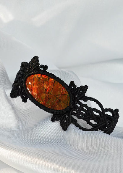 Handmade Black Braided Cord Red Ammonite Bracelet