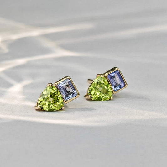 Purple Tanzanite and Green Peridot Stud Earrings