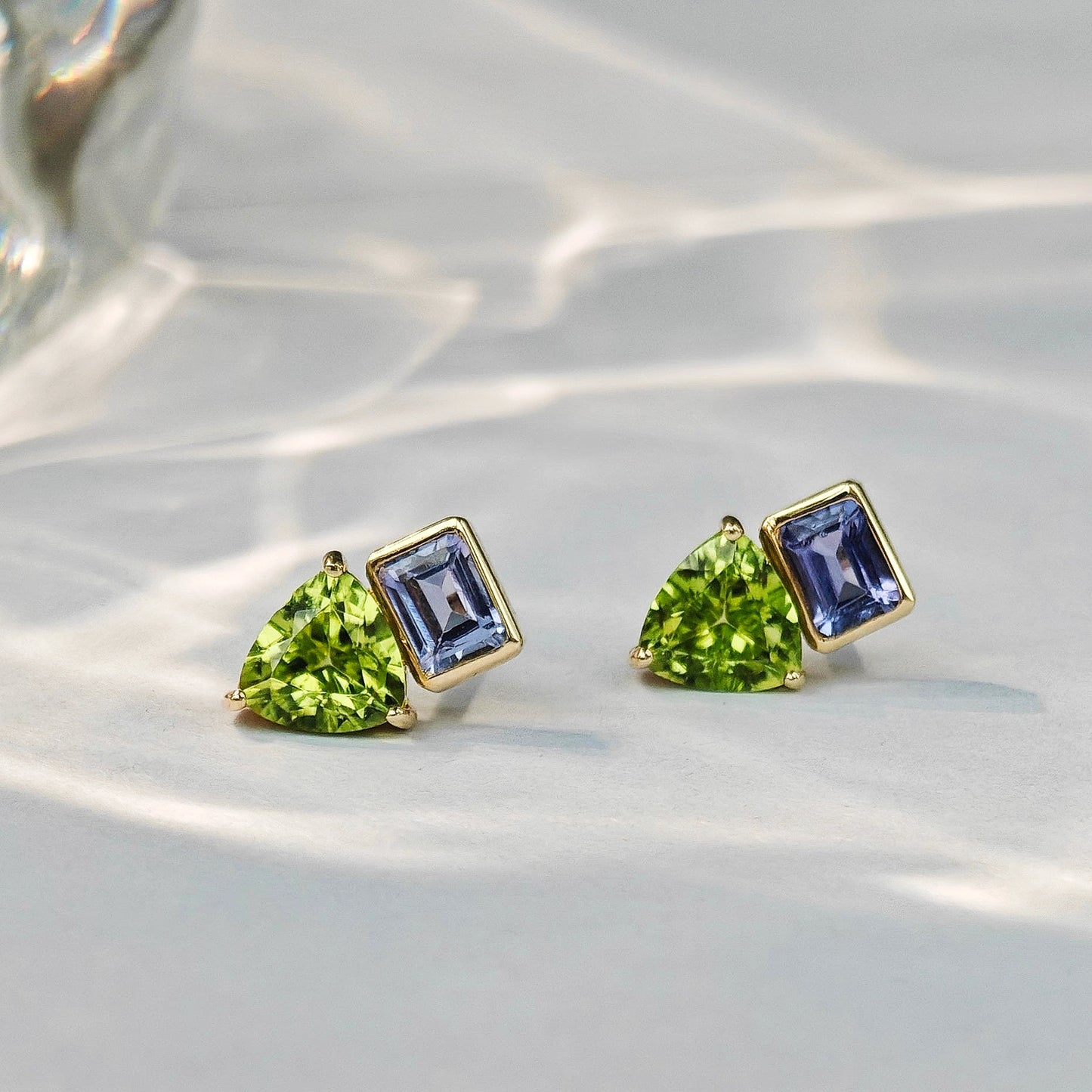 Purple Tanzanite and Green Peridot Stud Earrings