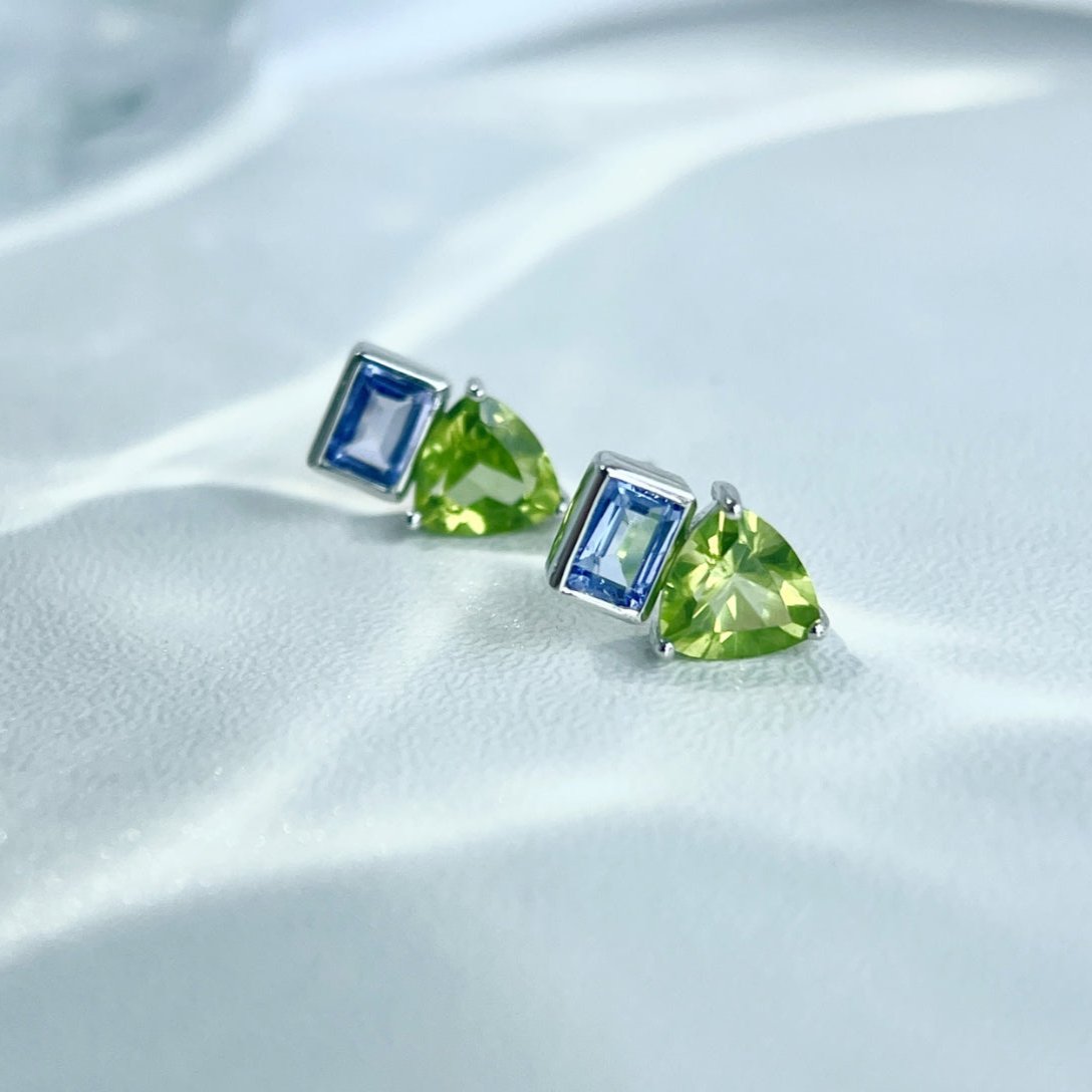 Purple Tanzanite and Green Peridot Stud Earrings