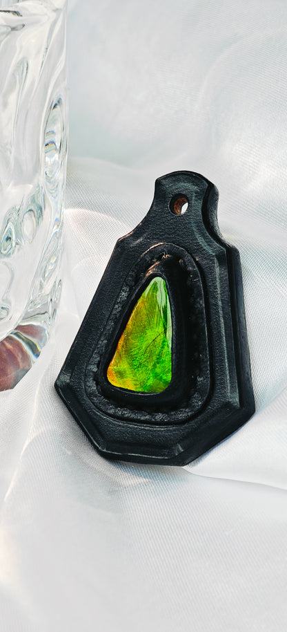 Handmade Italian Buttero Colored Top Layer Vegetable Tanned Leather Ammolite Pendant