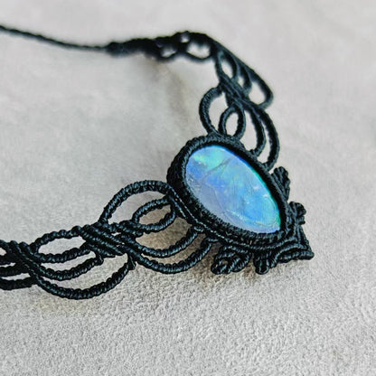 Black Woven Rope Ammolite Handcrafted Necklace