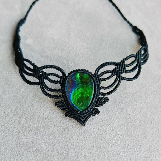 Black Woven Rope Ammolite Handcrafted Necklace