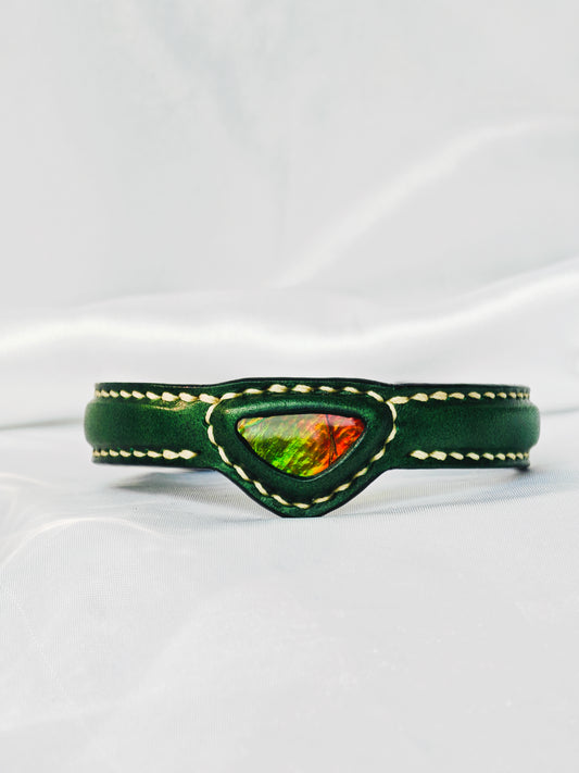 Handmade leather Bracelet Italian Buttero Colored Top Layer Vegetable Tanned Leather Ammolite Bracelet