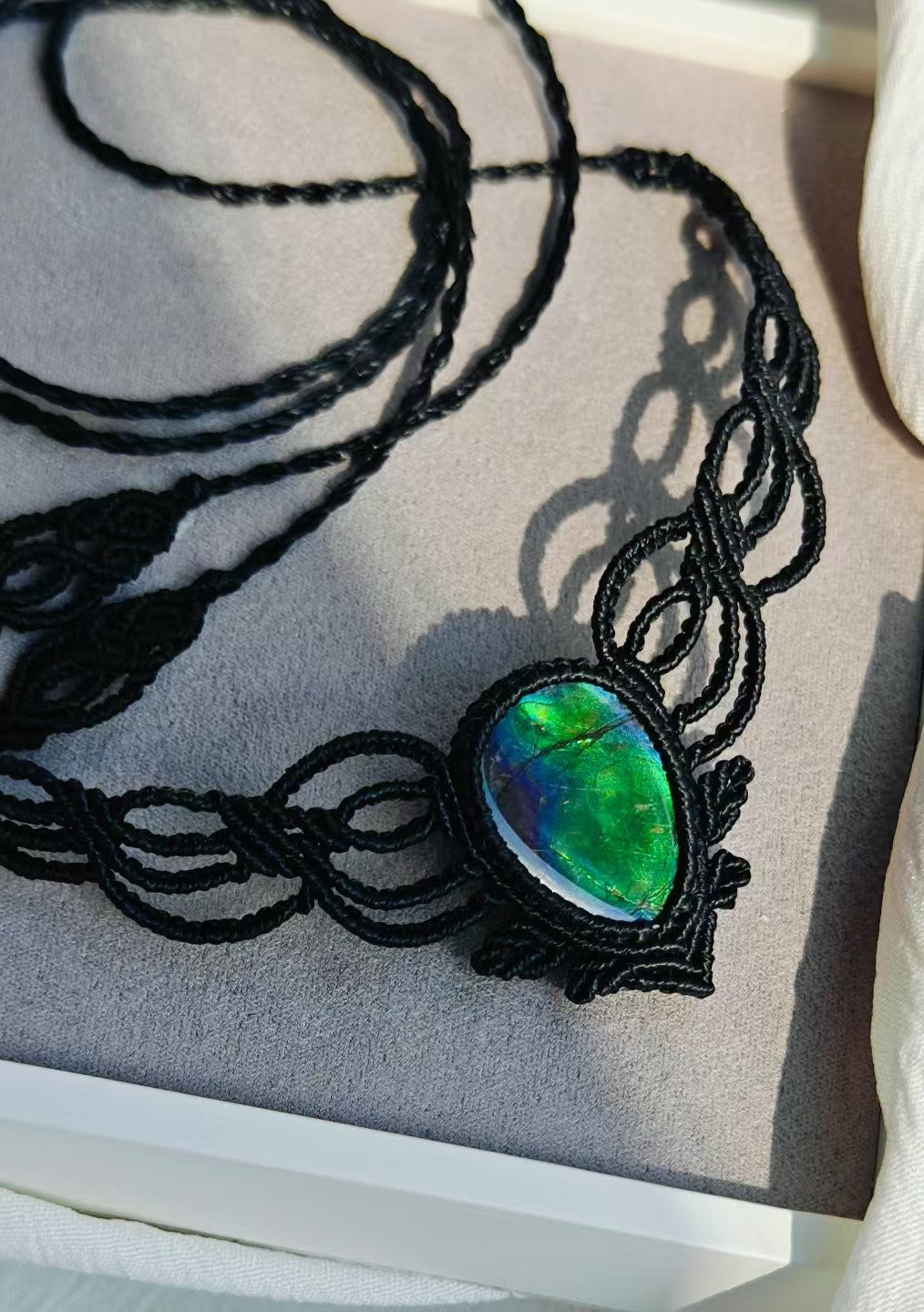 Black Woven Rope Ammolite Handcrafted Necklace