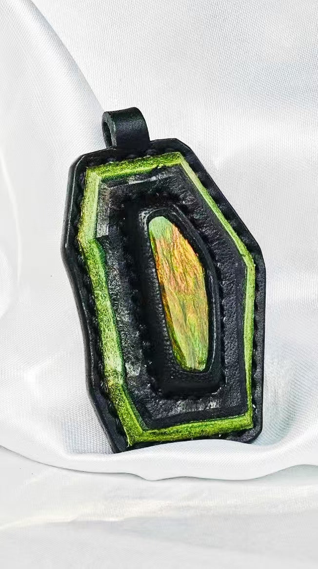 Handmade Italian Buttero Colored Top Layer Vegetable Tanned Leather Ammolite Pendant