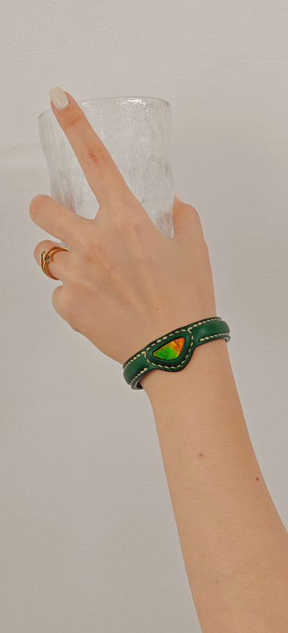 Handmade leather Bracelet Italian Buttero Colored Top Layer Vegetable Tanned Leather Ammolite Bracelet