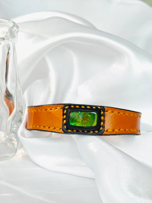 Handmade leather Bracelet Italian Buttero Colored Top Layer Vegetable Tanned Leather Ammolite Bracelet