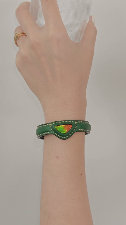 Handmade leather Bracelet Italian Buttero Colored Top Layer Vegetable Tanned Leather Ammolite Bracelet